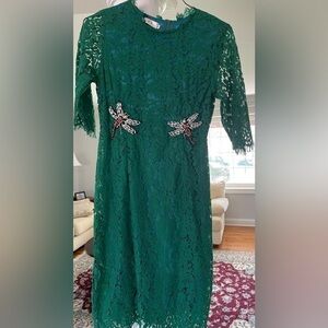 A- Thena , green Lace midi dress with dragonfly embellishments. Size Large. New